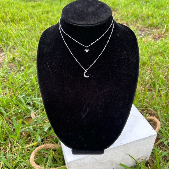 Jewelry - Sterling Silver 925 Rhinestone Moon and Star Pendant Multi Chain Necklace